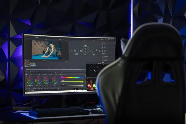 Dark post-production suite with a video editing workstation
